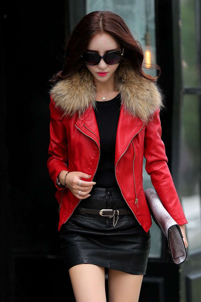 Short Style Slim-Fit Plus Cotton Belt Raccoon Fur Collar Coat Red