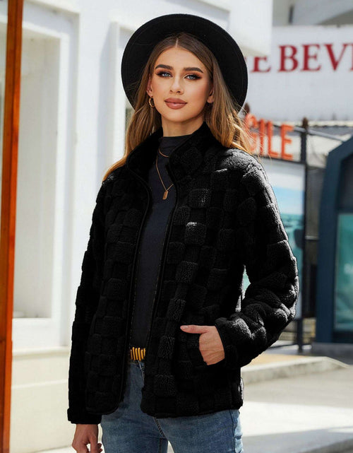 Load image into Gallery viewer, Stand-up Collar Plush Jacket Winter Long-sleeved Loose Zipper Cardigan Fashion Solid Color Checkerboard Design Coat Women Outwear Black
