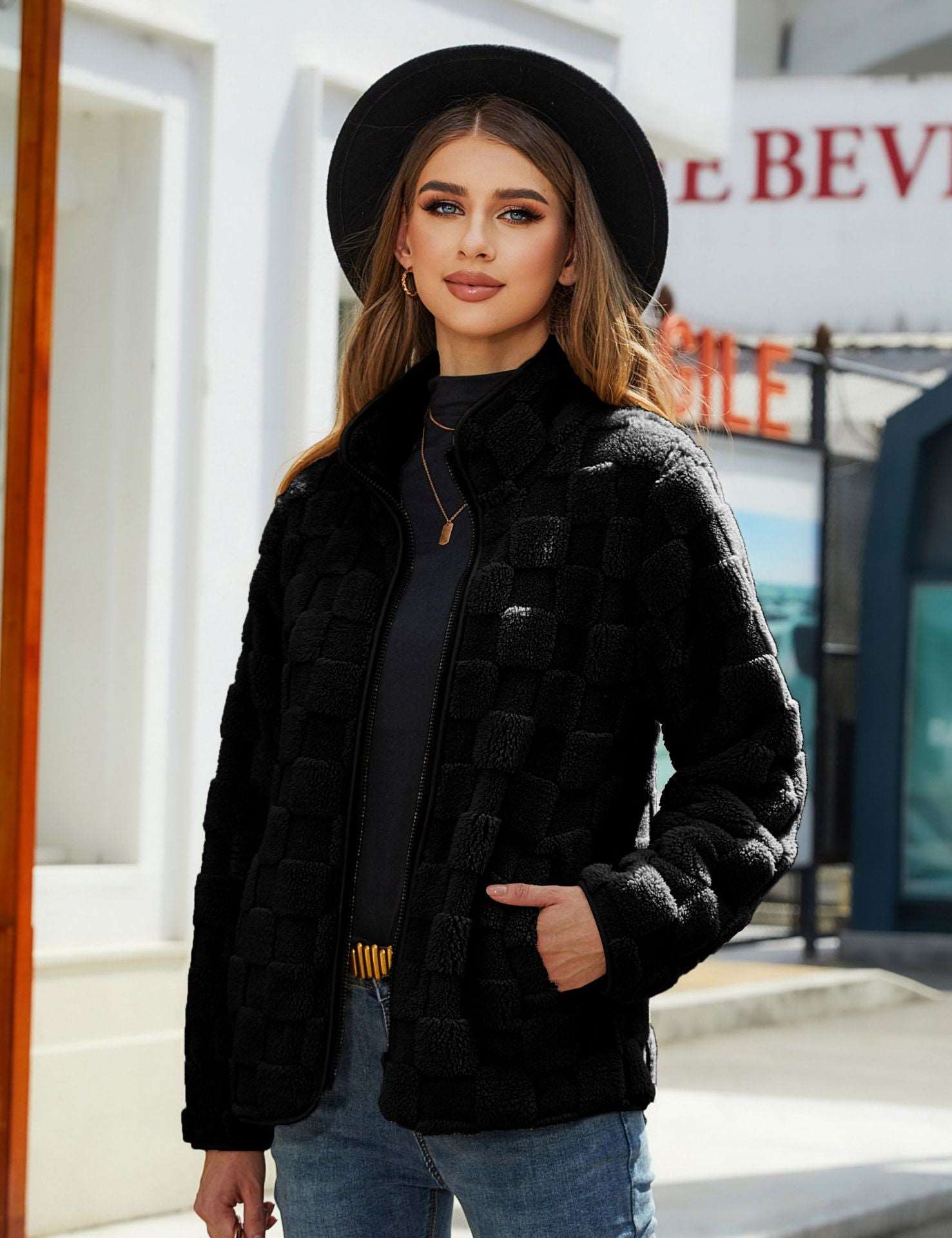 Stand-up Collar Plush Jacket Winter Long-sleeved Loose Zipper Cardigan Fashion Solid Color Checkerboard Design Coat Women Outwear Black