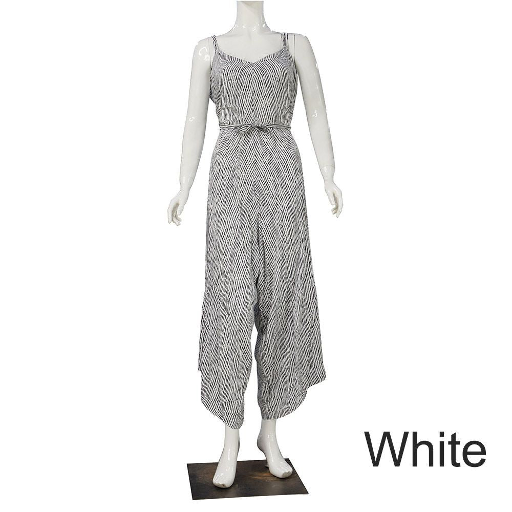 Light Ripe Women's Striped Suspenders Loose One-piece Cropped Pants Mid-Waisted Jumpsuit Style Cotton White