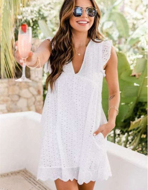 Load image into Gallery viewer, Elevate Your Summer Style: Sleeveless Lace Beach Dress with Jacquard Cutout, V-Neck, and Convenient Pockets White
