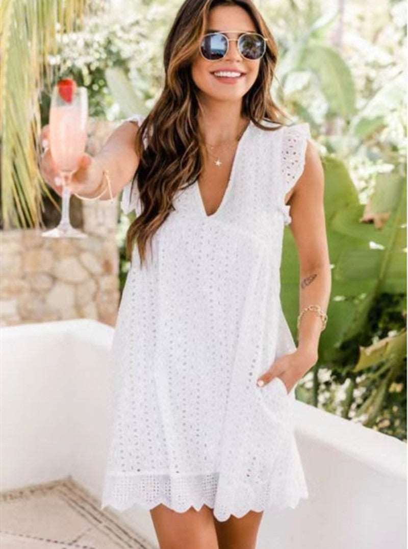 Elevate Your Summer Style: Sleeveless Lace Beach Dress with Jacquard Cutout, V-Neck, and Convenient Pockets White