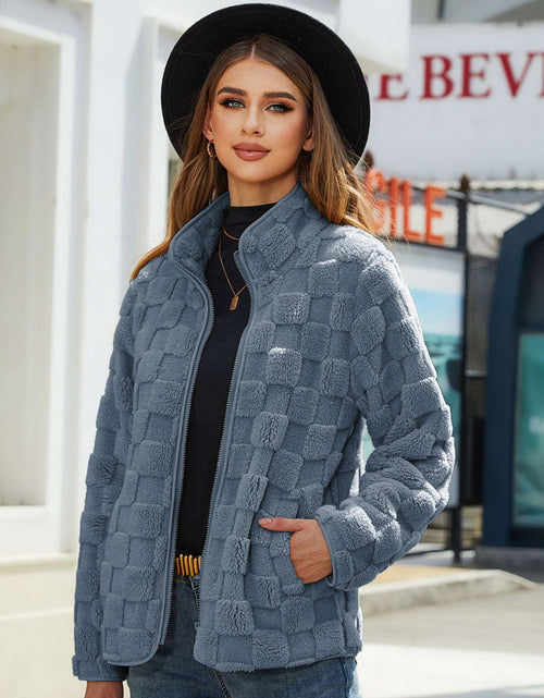 Load image into Gallery viewer, Stand-up Collar Plush Jacket Winter Long-sleeved Loose Zipper Cardigan Fashion Solid Color Checkerboard Design Coat Women Outwear Blue
