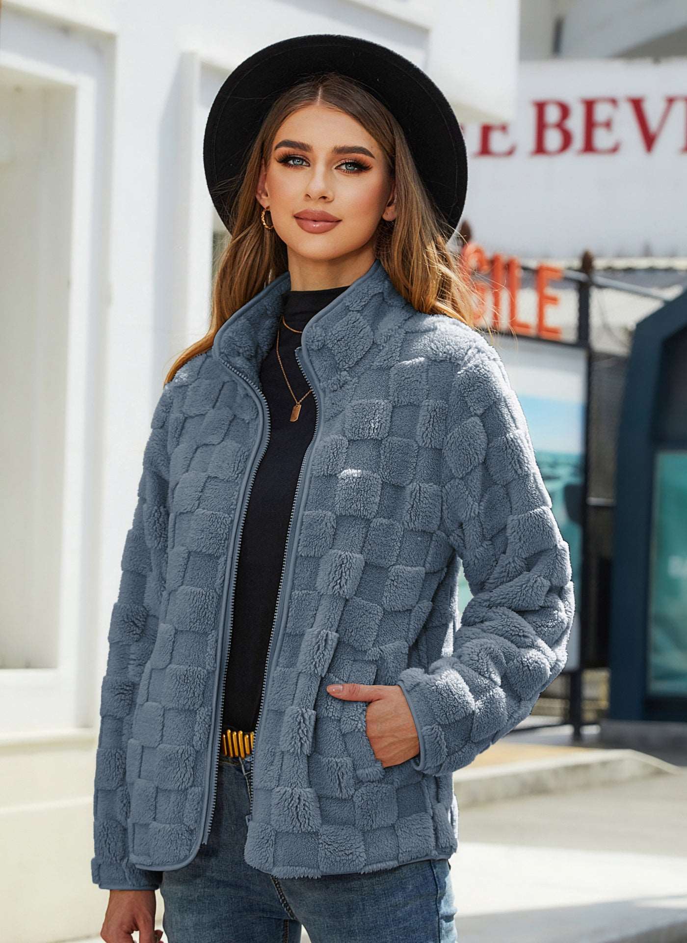 Stand-up Collar Plush Jacket Winter Long-sleeved Loose Zipper Cardigan Fashion Solid Color Checkerboard Design Coat Women Outwear Blue