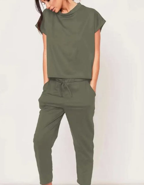 Load image into Gallery viewer, Effortless Casual Set: Short Sleeve Round Neck Top and Drawstring Cropped Pants - Simple, Basic, and Comfortable for Everyday Wear
