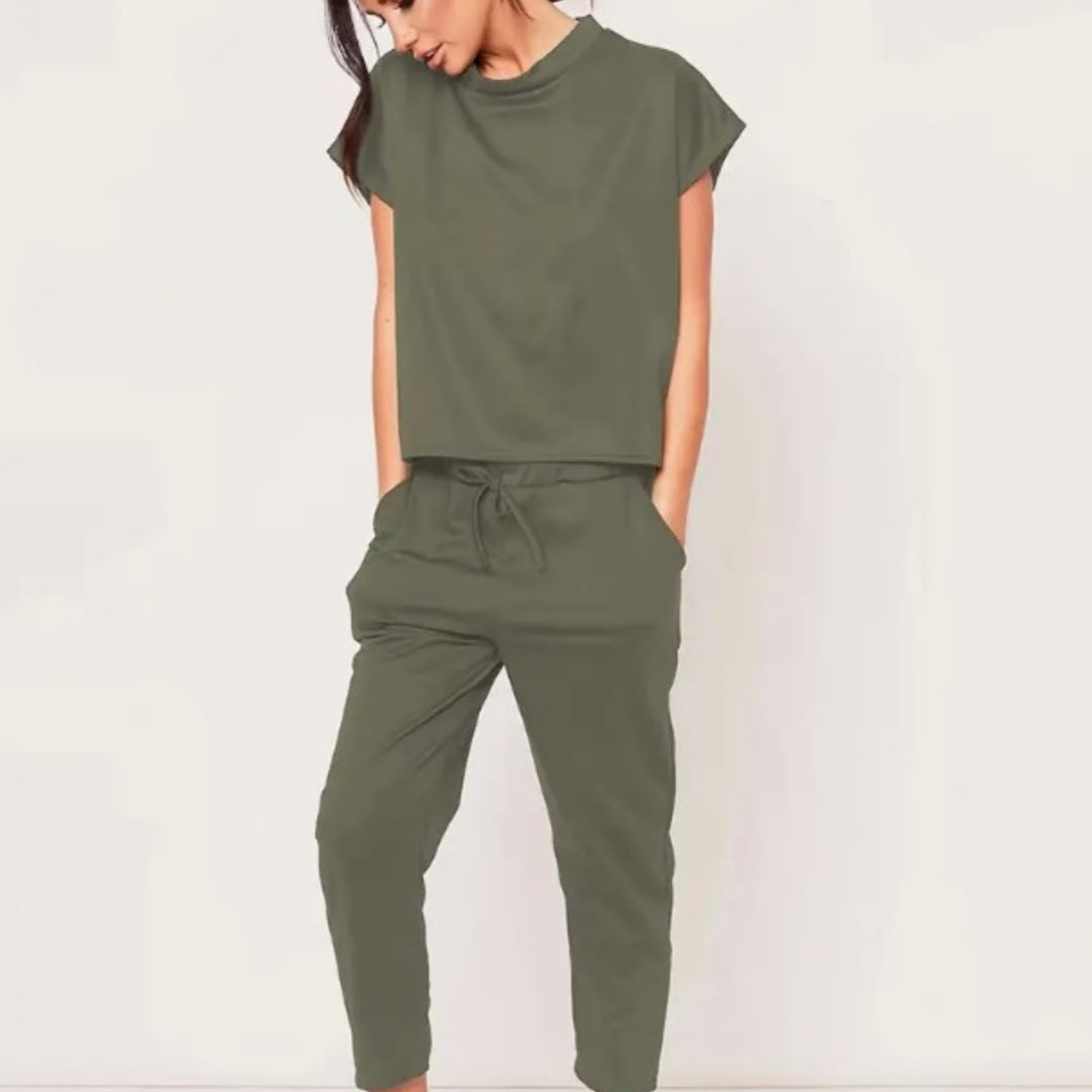 Effortless Casual Set: Short Sleeve Round Neck Top and Drawstring Cropped Pants - Simple, Basic, and Comfortable for Everyday Wear