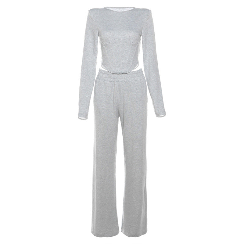 Comfortably Casual: Women's Round Neck Long Sleeve Trousers Casual Suit - Effortless Everyday Wear Gray