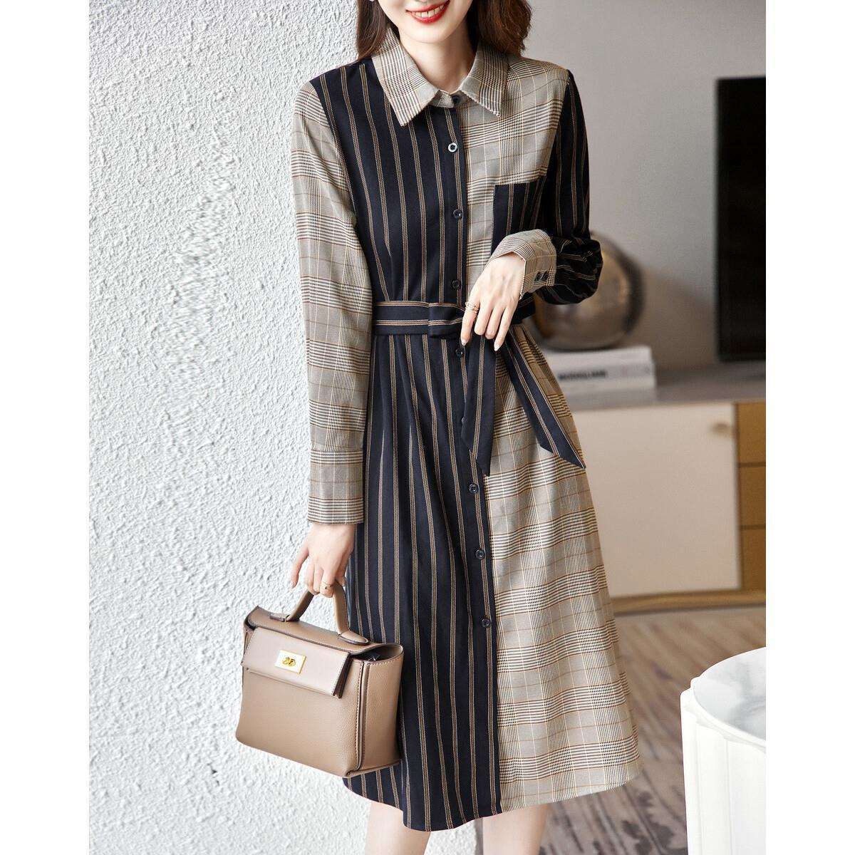 Season New Lapel Temperament Commuter Plaid French Shirt Skirt Ladies Plain and Cotton