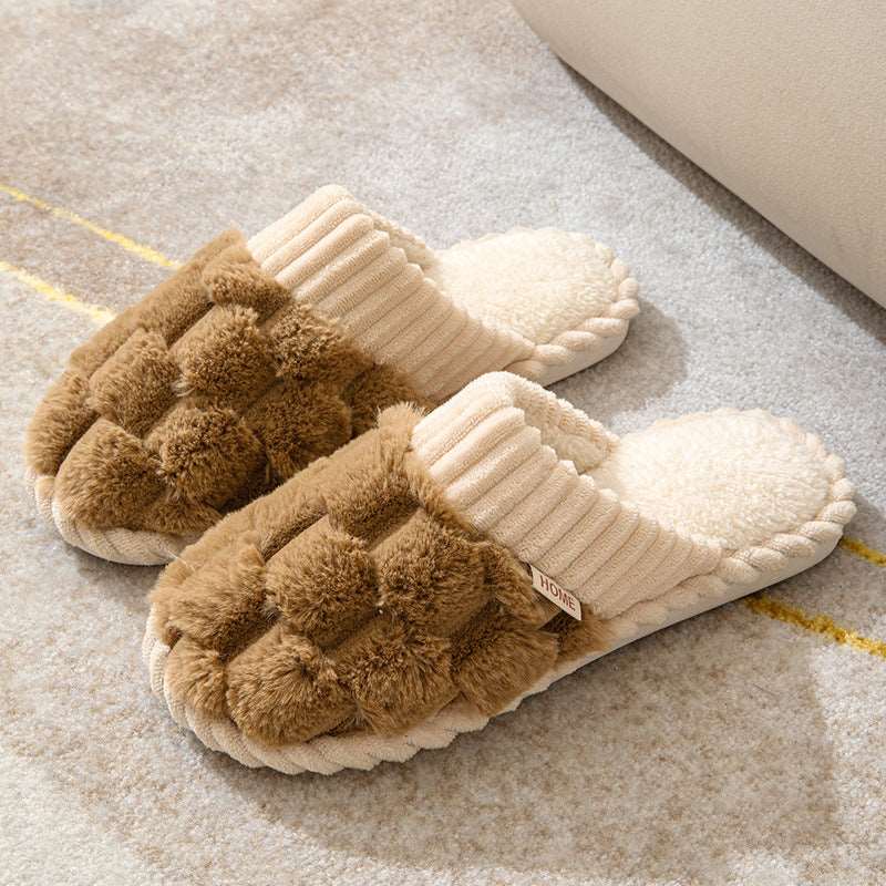 Indoor Warm Platform Couple Plush Slippers Brown