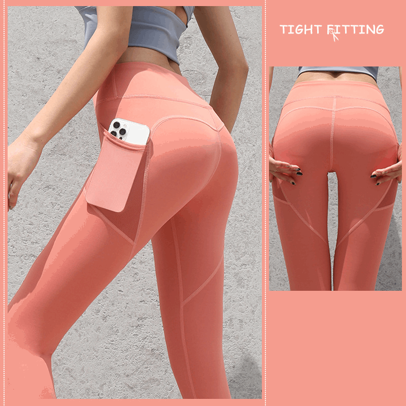 Enhance Your Workout: Seamless Leggings with Pockets, Push-Up High Waist - Women's Fitness Running Yoga Pants for Gym Sports Honey Grapefruit Powder