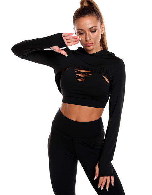 Load image into Gallery viewer, Ultimate Fitness Trio: 3pcs Sports Suits with Long Sleeve Hooded Top, Hollow Design Camisole, and Butt Lifting High Waist Seamless Fitness Leggings - Gym-Ready Outfits Black 3PCS Set
