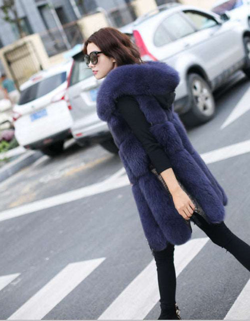 Load image into Gallery viewer, Causal Slim Fit Faux Fox Fur Stitching Mid Length Coat Blue
