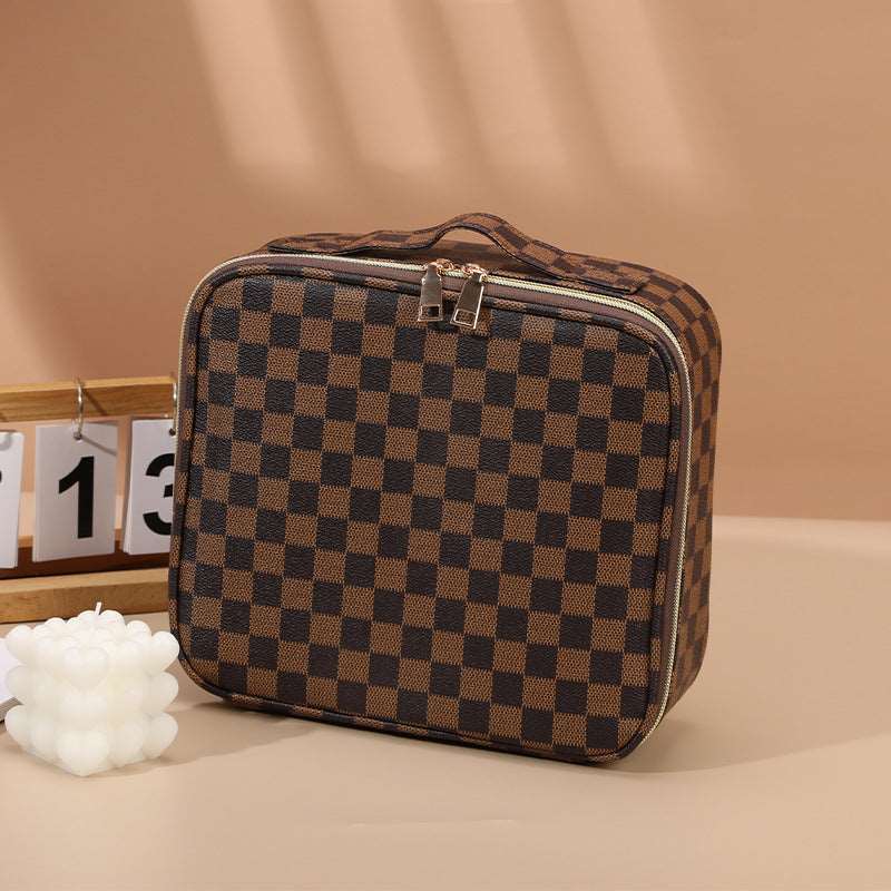 PU Chessbox Plaid Style Cosmetic Case Portable Travel Cosmetics Storage Box Manicure Box Cosmetic Case Large Capacity Beauty Toolbox Brown