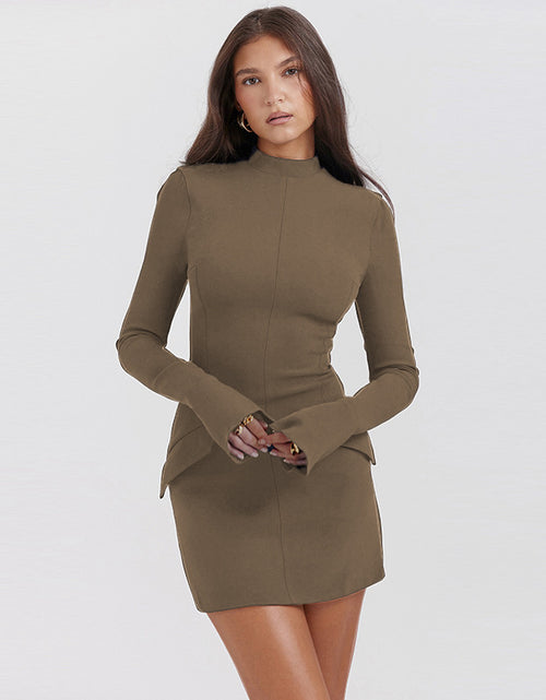 Load image into Gallery viewer, Chic Elegance: Fashion Long Sleeve Dress with Two Pockets - Slim Bodycon Hip Short Dress for Women, Effortless Style &amp; Versatile Sophistication Khaki
