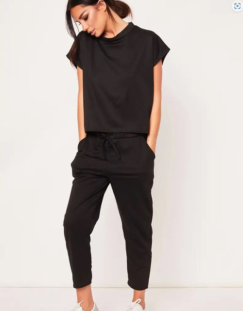 Load image into Gallery viewer, Effortless Casual Set: Short Sleeve Round Neck Top and Drawstring Cropped Pants - Simple, Basic, and Comfortable for Everyday Wear Black
