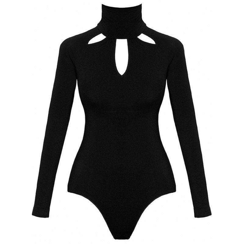 Black Cutout Long Sleeve Slim Sexy Solid Color Jumpsuit black