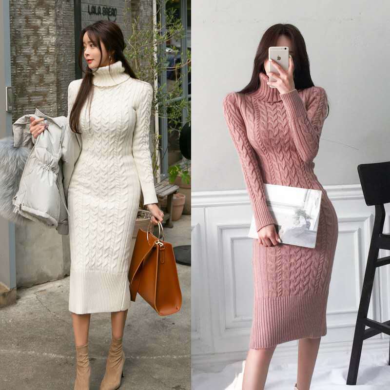 Slim-fit Plain Color Sweet Style Mid-length Bag Hip Bottoming Skirt Slim-fit Knit Dress