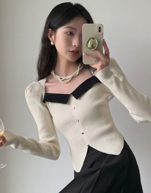 Load image into Gallery viewer, Square Collar Elastic Cotton Fiber Irregular Color-blocked Collarbone Puff Sleeve Sweater
