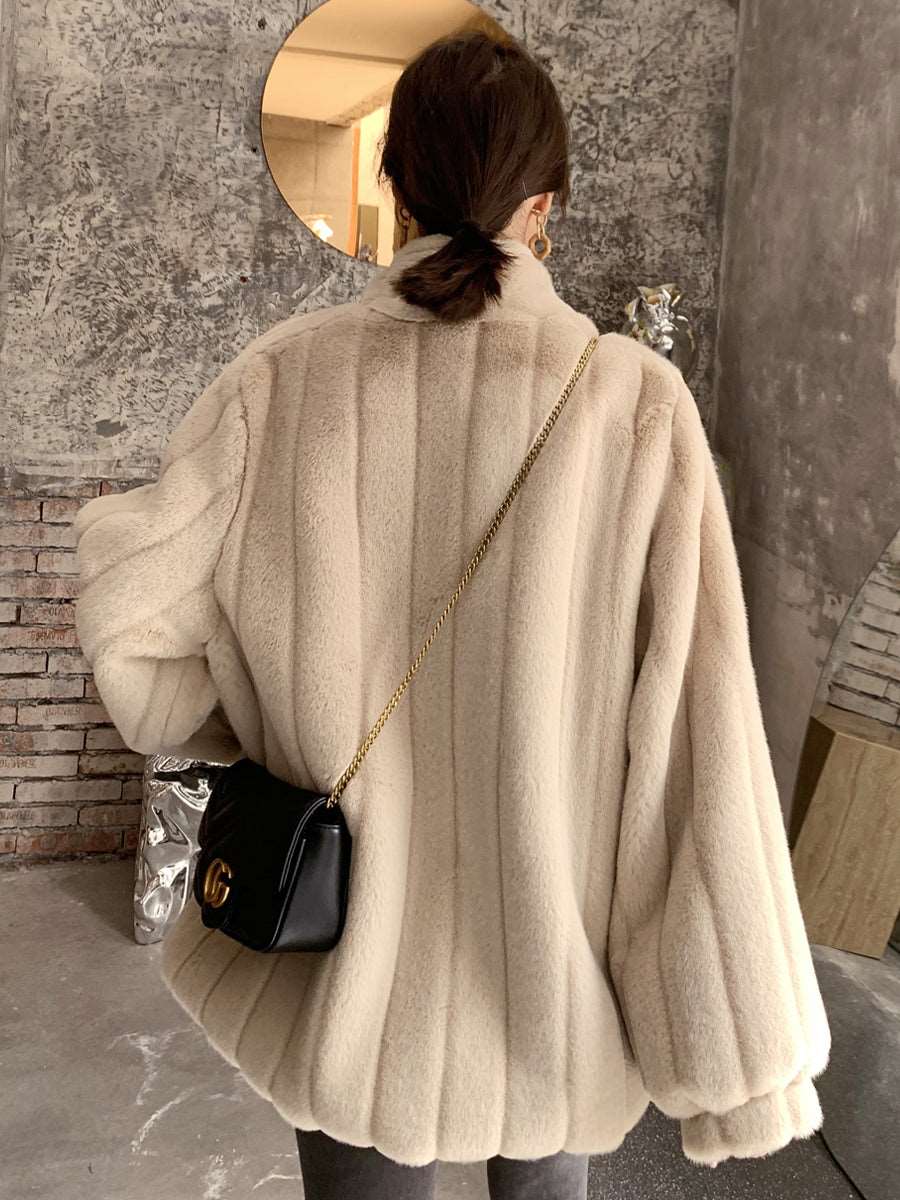 Trendy Lamb Fur Coat Korean Style Stand Collar Street Hipster Long Sleeve Fur Coat Beige