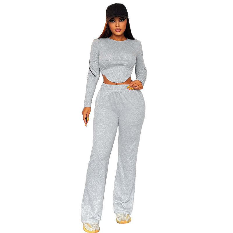 Comfortably Casual: Women's Round Neck Long Sleeve Trousers Casual Suit - Effortless Everyday Wear