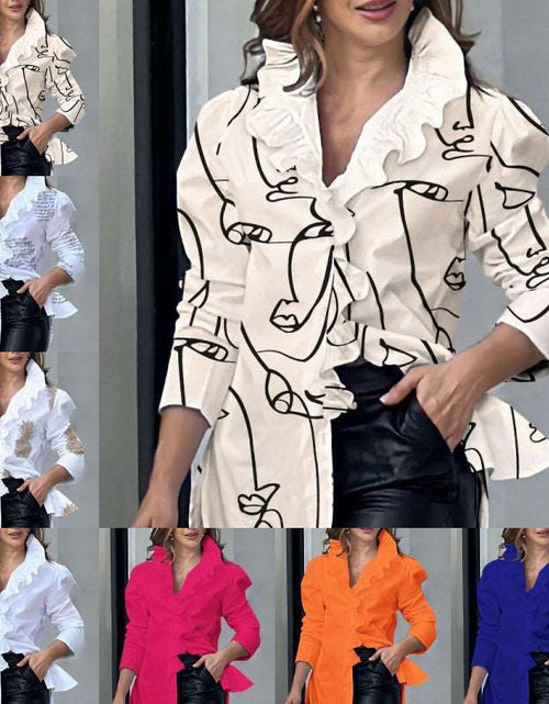 Load image into Gallery viewer, Ruffles Urban Temperament Commuting Style Soild Color or Pattern Women&#39;s Abstract Printing Puff Sleeve Ruffled Collar Shirt
