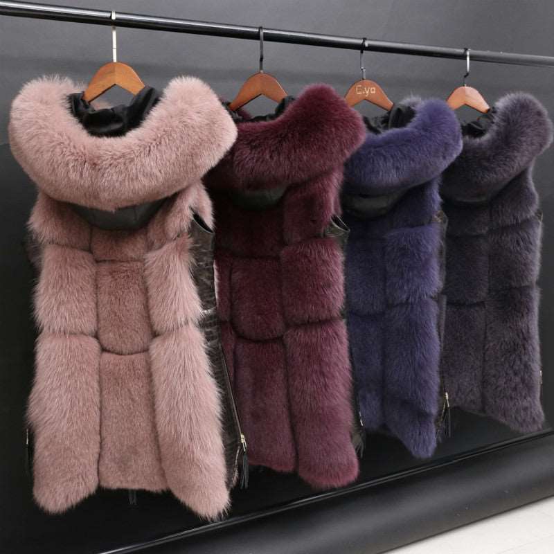 Causal Slim Fit Faux Fox Fur Stitching Mid Length Coat