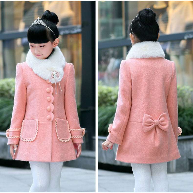 Girl long sleeve formal elegant fur collar coat Pink