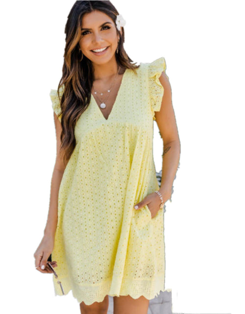 Load image into Gallery viewer, Elevate Your Summer Style: Sleeveless Lace Beach Dress with Jacquard Cutout, V-Neck, and Convenient Pockets Yellow
