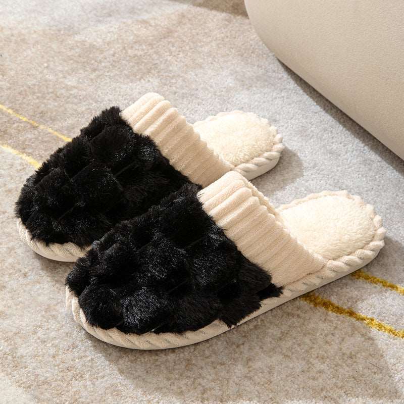 Indoor Warm Platform Couple Plush Slippers Black