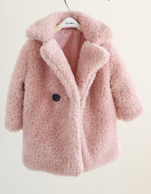 Load image into Gallery viewer, Long sleeve Cashmere medium length plain color Fur children&#39;s wear Lapel cashmere coat Pink
