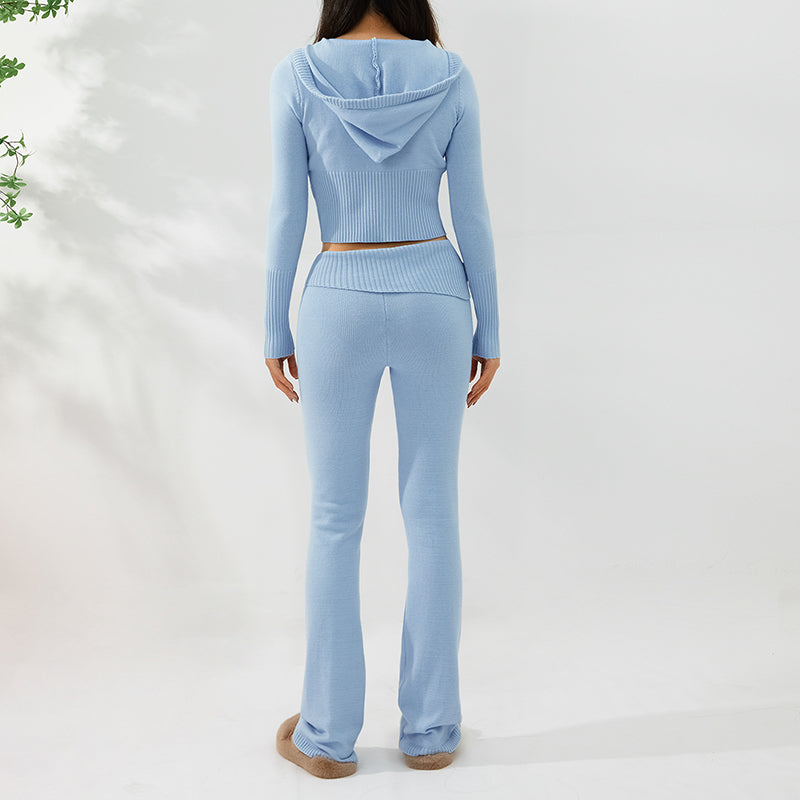 Leisure Chic: Hoodie Knitting Suit with Sexy Zip Long Sleeve Sweater and High Waist Long Pants Set for Women - Trendy Comfort in Every Detail