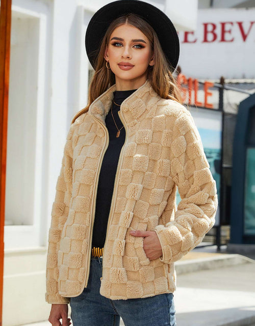 Load image into Gallery viewer, Stand-up Collar Plush Jacket Winter Long-sleeved Loose Zipper Cardigan Fashion Solid Color Checkerboard Design Coat Women Outwear Apricot
