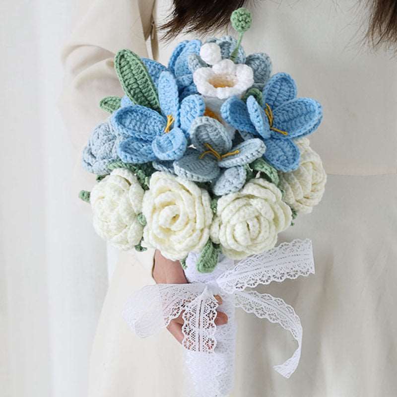 Handmade Woolen Knitting Hand Bouquet Flower Blue