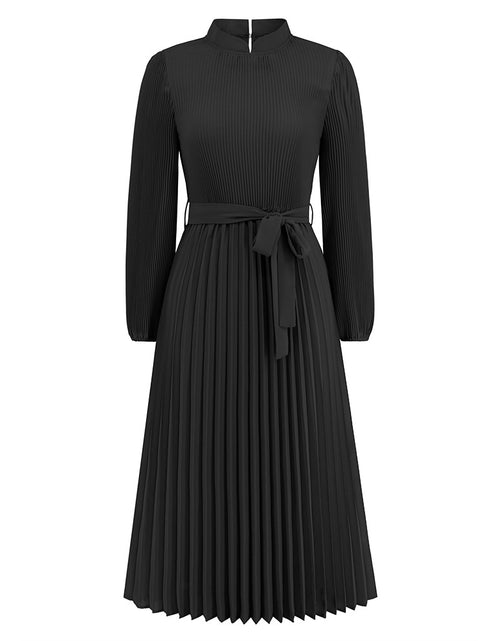 Load image into Gallery viewer, Ice Silk Anti-wrinkle Temperament Commute Style Elastic Waist Plain Solid Color Women&#39;s Fashion Graceful Stand Collar Puff Sleeve Dress
