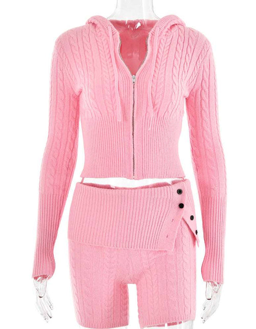 Load image into Gallery viewer, Casual Comfort: Sweater Knitted Hooded Top and Shorts Long Sleeve Two-piece Set - Attractive, Relax in Style for Effortless Chic Pink
