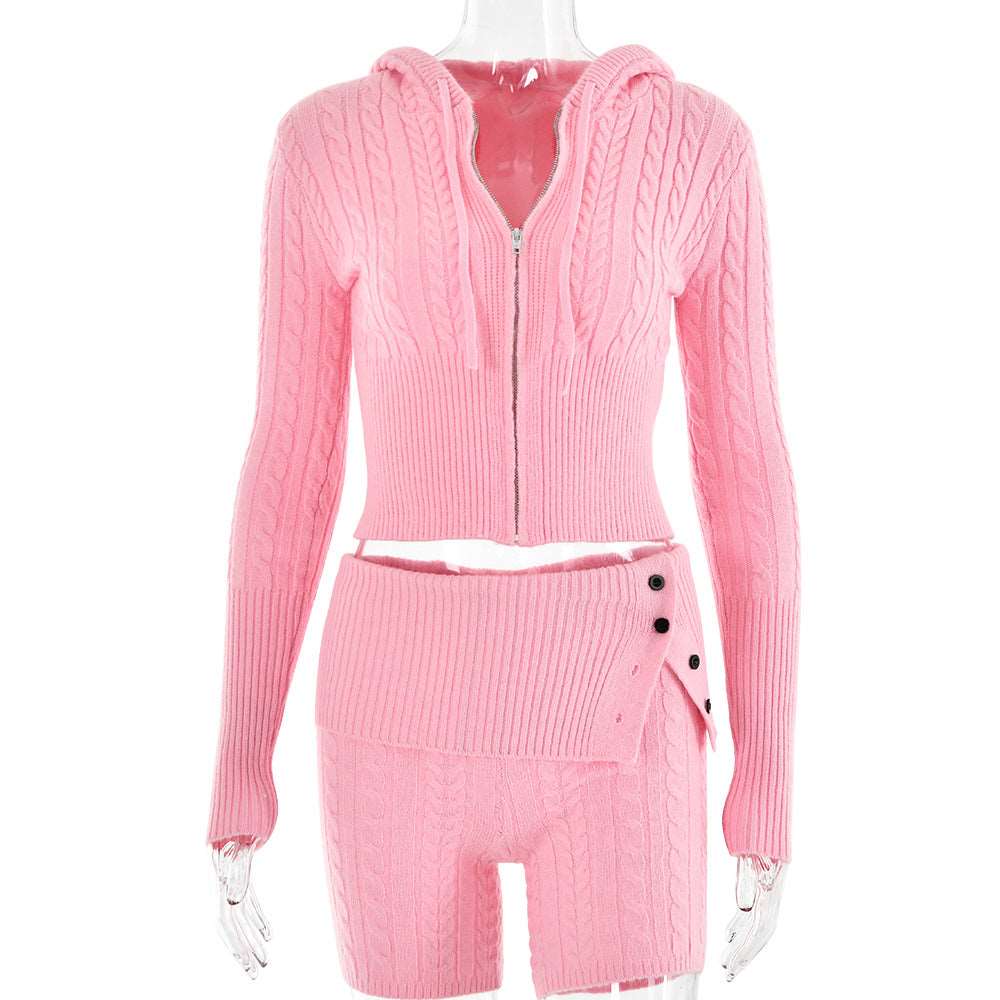 Casual Comfort: Sweater Knitted Hooded Top and Shorts Long Sleeve Two-piece Set - Attractive, Relax in Style for Effortless Chic Pink