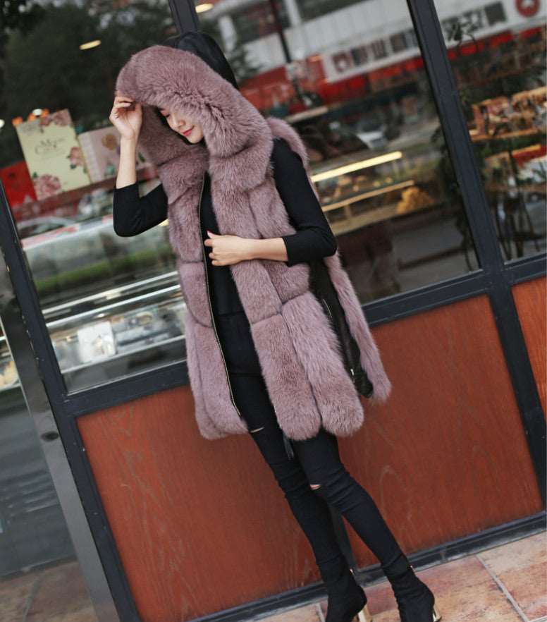 Causal Slim Fit Faux Fox Fur Stitching Mid Length Coat Pink