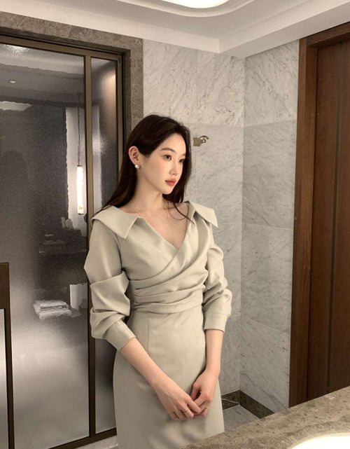 Load image into Gallery viewer, A-Line Solid Color One Size Mid Waist Long Sleeve Short Skirt Slimming Puff Sleeve Elegant Young Self-tie Dress Women
