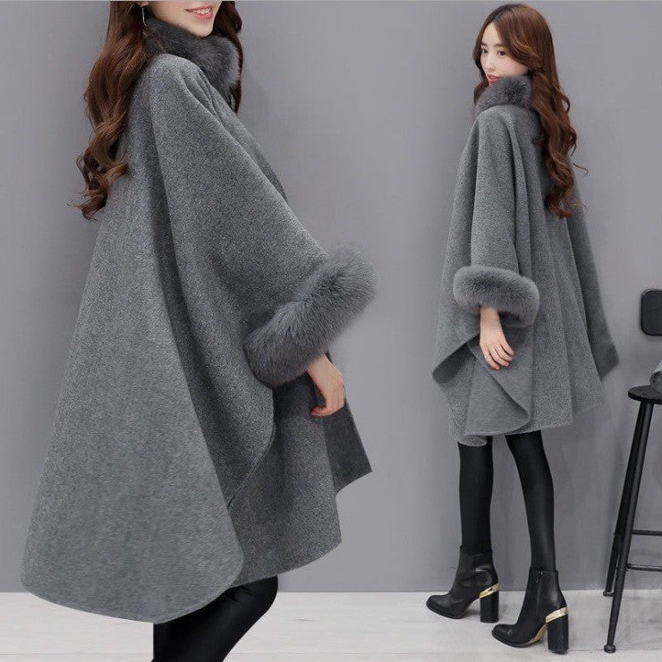 Temperament Commute Style Batwing Sleeve Fox Fur Collar Mid-length Woolen Coat