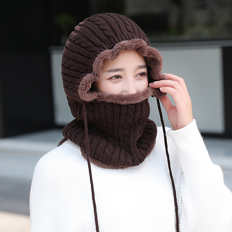 Wool knitted hat plus velvet scarf Coffee