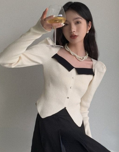 Load image into Gallery viewer, Square Collar Elastic Cotton Fiber Irregular Color-blocked Collarbone Puff Sleeve Sweater Apricot
