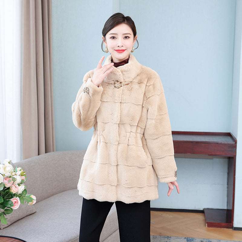 Korean Style Mid-length Mink Coat Women's Thick Coat With Fur Khaki