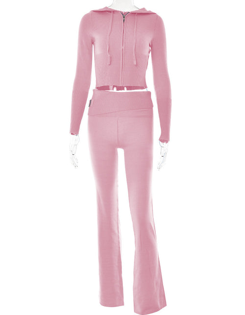 Load image into Gallery viewer, Leisure Chic: Hoodie Knitting Suit with Sexy Zip Long Sleeve Sweater and High Waist Long Pants Set for Women - Trendy Comfort in Every Detail Pink suit
