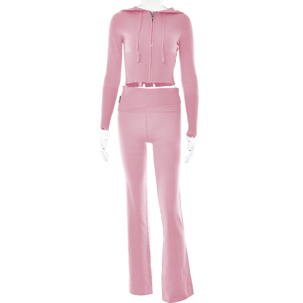 Leisure Chic: Hoodie Knitting Suit with Sexy Zip Long Sleeve Sweater and High Waist Long Pants Set for Women - Trendy Comfort in Every Detail Pink suit