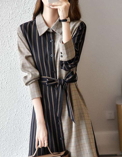 Load image into Gallery viewer, Season New Lapel Temperament Commuter Plaid French Shirt Skirt Ladies Plain and Cotton Brown
