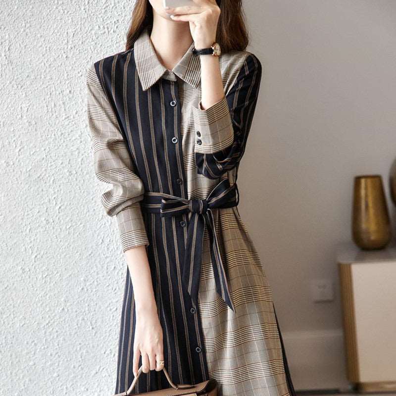 Season New Lapel Temperament Commuter Plaid French Shirt Skirt Ladies Plain and Cotton Brown