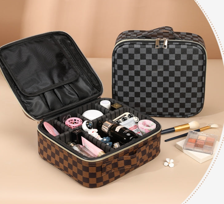 PU Chessbox Plaid Style Cosmetic Case Portable Travel Cosmetics Storage Box Manicure Box Cosmetic Case Large Capacity Beauty Toolbox