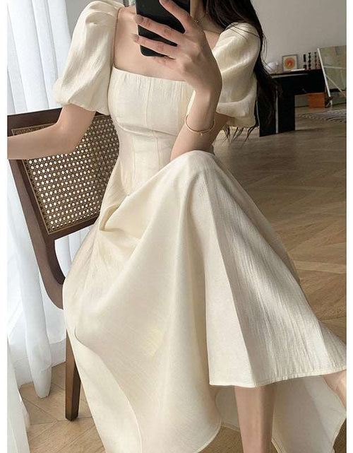 Load image into Gallery viewer, Square Collar French Tea Break High Waist-tight Puff Sleeve Gentle Sweet, Fresh, Princess Style Solid Beige Color Long Dress
