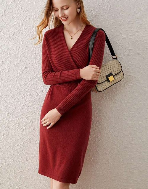 Load image into Gallery viewer, Cashmere V-neck Mid-length Pullover Commute Style Fashion Wool Dress
