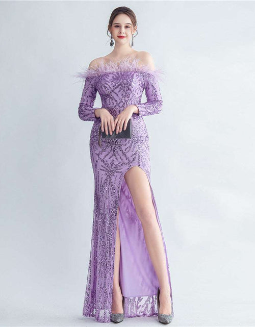 Load image into Gallery viewer, High-density Ostrich Feather Sequins Off-shoulder Long Sleeve Fishtail High-end Evening Dress purple
